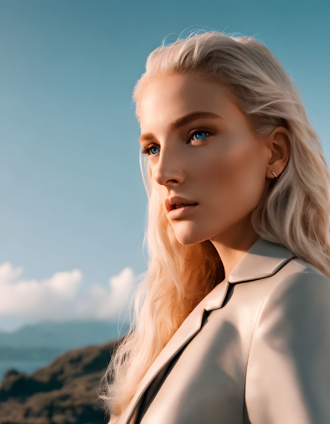 Blonde Woman in Light Jacket with Blue Eyes Outdoors