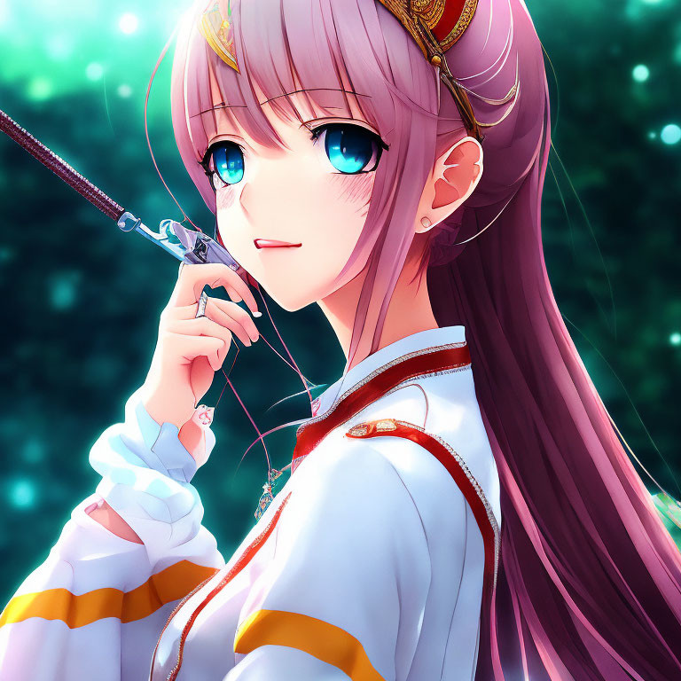 Anime-style illustration of girl with long pink hair and blue eyes holding a sword against sparkly green backdrop