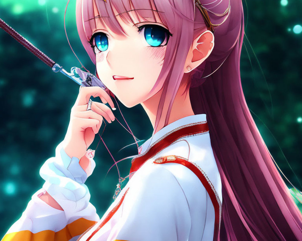 Anime-style illustration of girl with long pink hair and blue eyes holding a sword against sparkly green backdrop