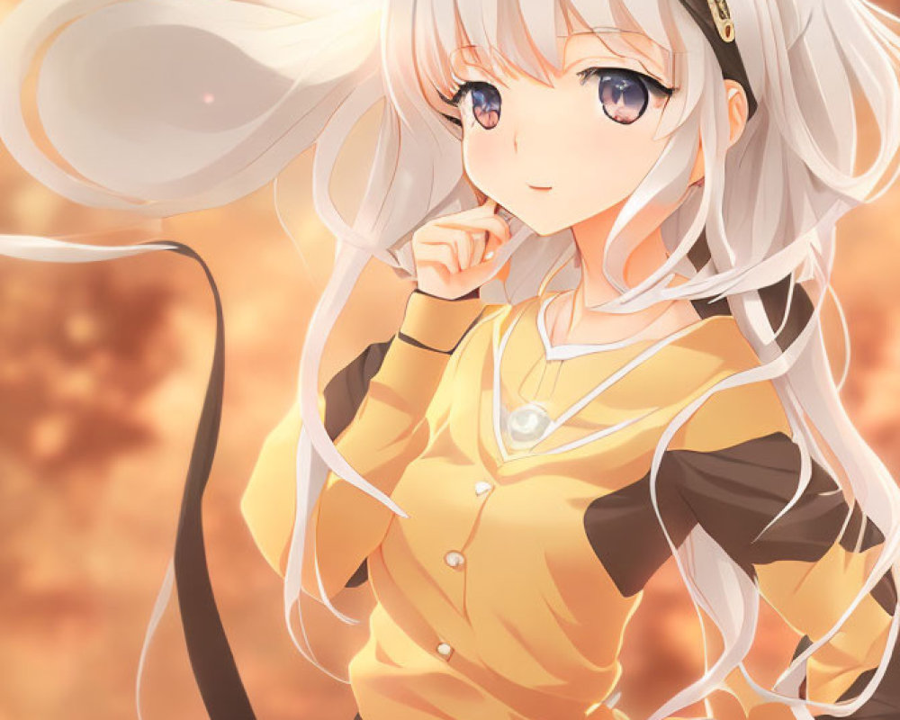 Anime-style character with long silver hair, blue eyes, yellow dress, black accents