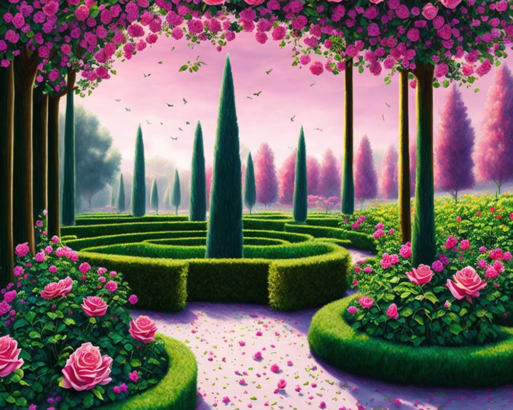 Lush Garden Pathway with Pink Roses, Topiary Hedges, Trees, and Butterflies