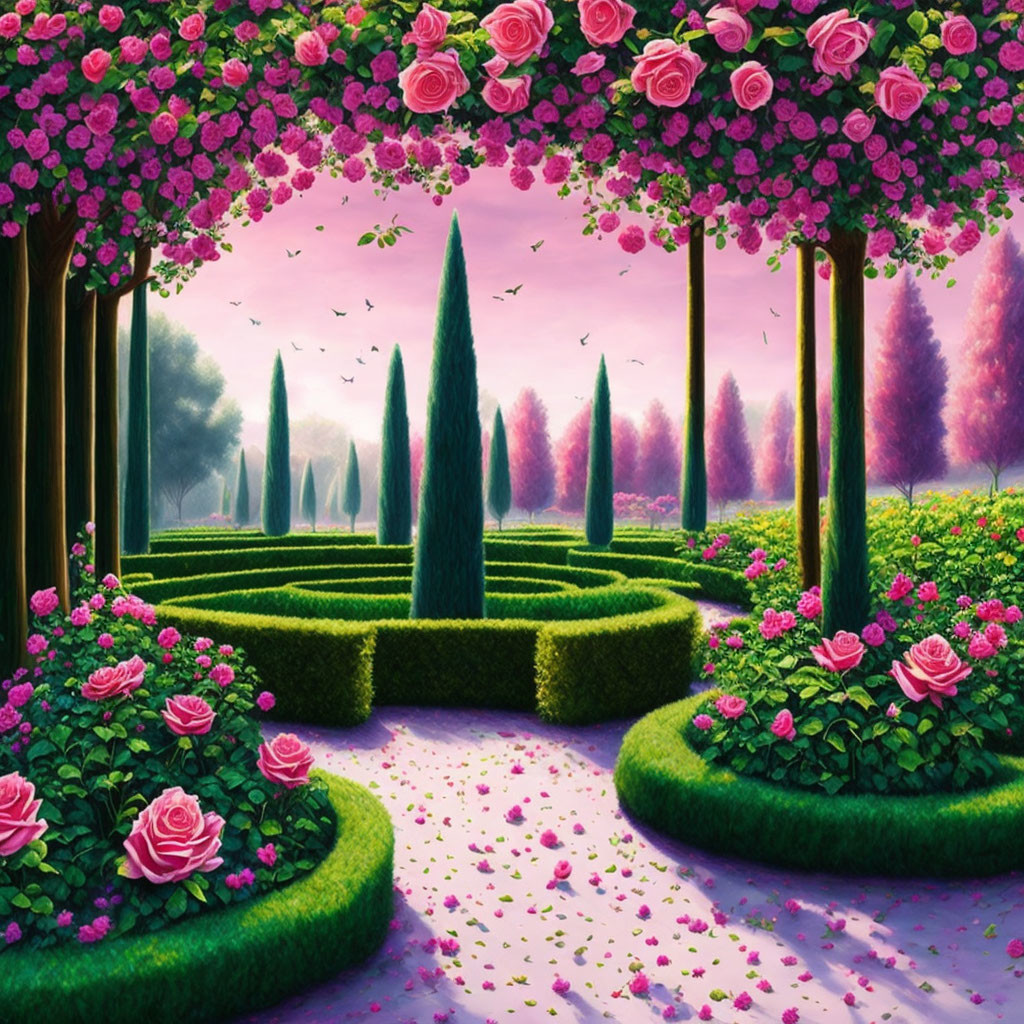 Lush Garden Pathway with Pink Roses, Topiary Hedges, Trees, and Butterflies