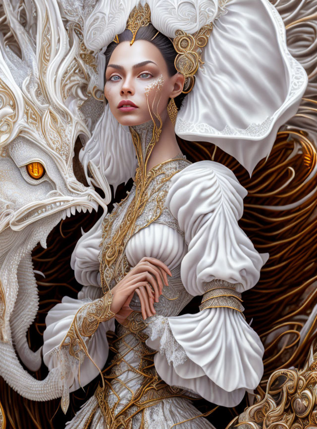 Ethereal woman in white and gold attire with dragon sculpture in regal fantasy setting