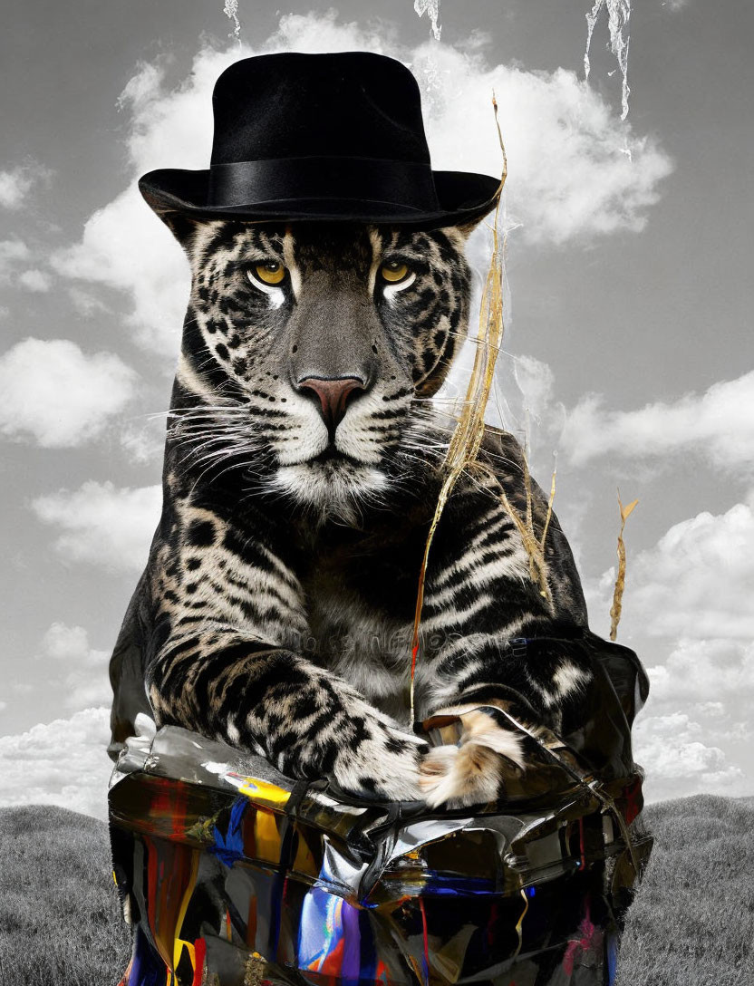 Leopard with human features in black hat holding metallic drum in surreal photomontage