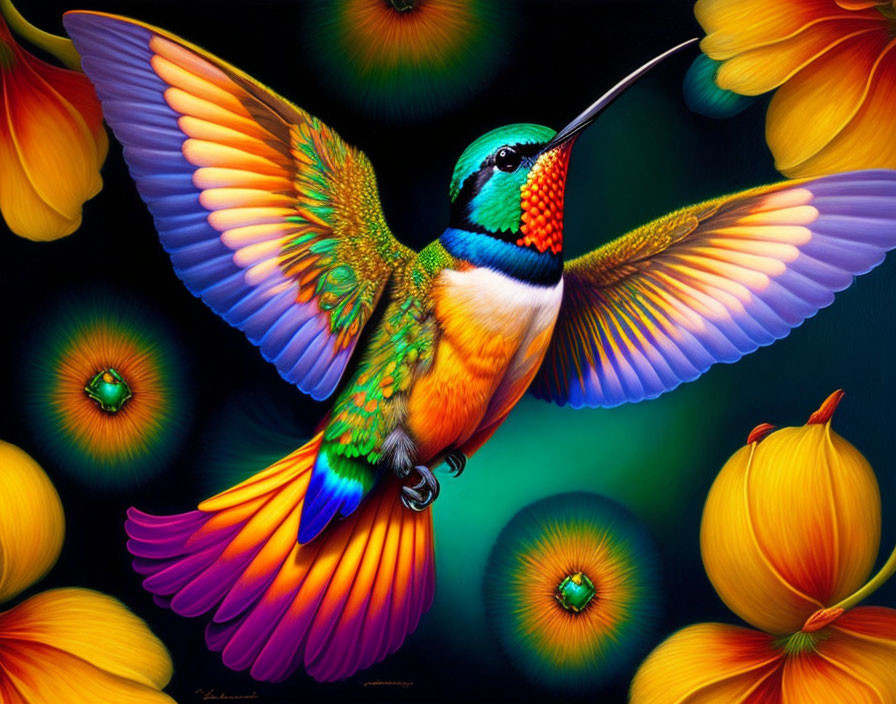 Colorful Hummingbird Artwork Among Sunlit Flowers