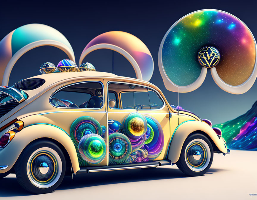 Vibrant iridescent spheres on vintage Volkswagen Beetle in cosmic setting