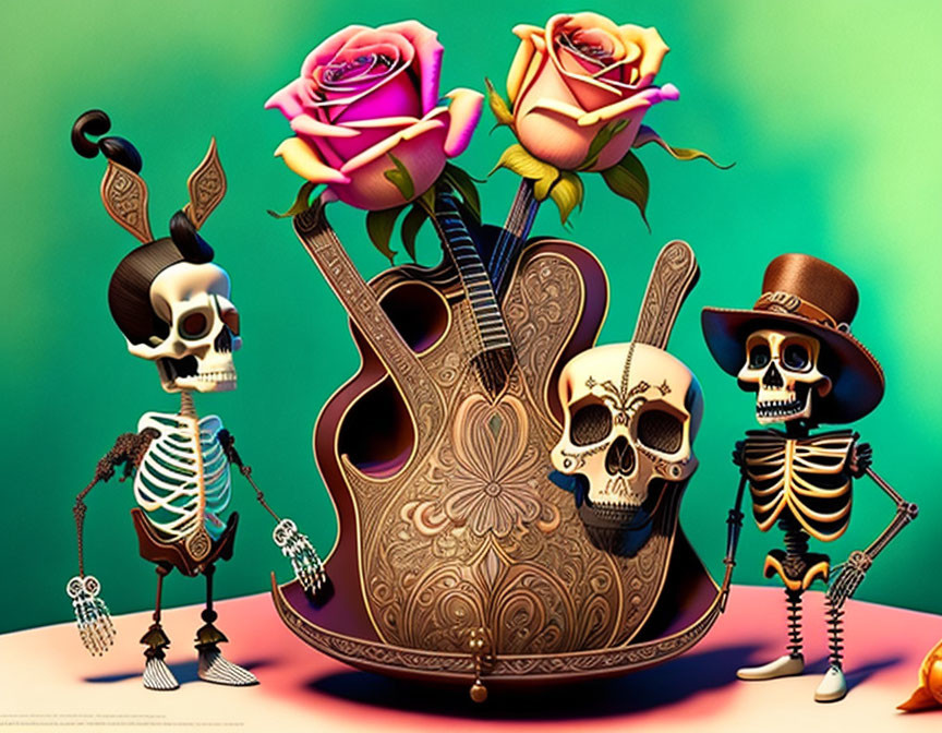 Vibrant Day of the Dead themed illustration with stylized skeletons and sombreros.