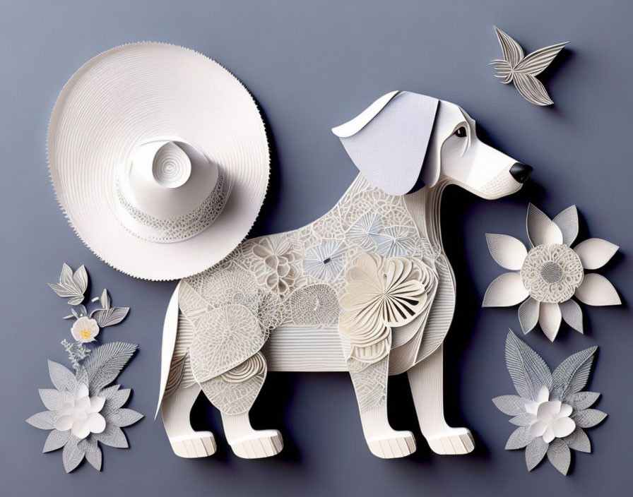 Monochromatic paper art with dog, flowers, and bird on gray background