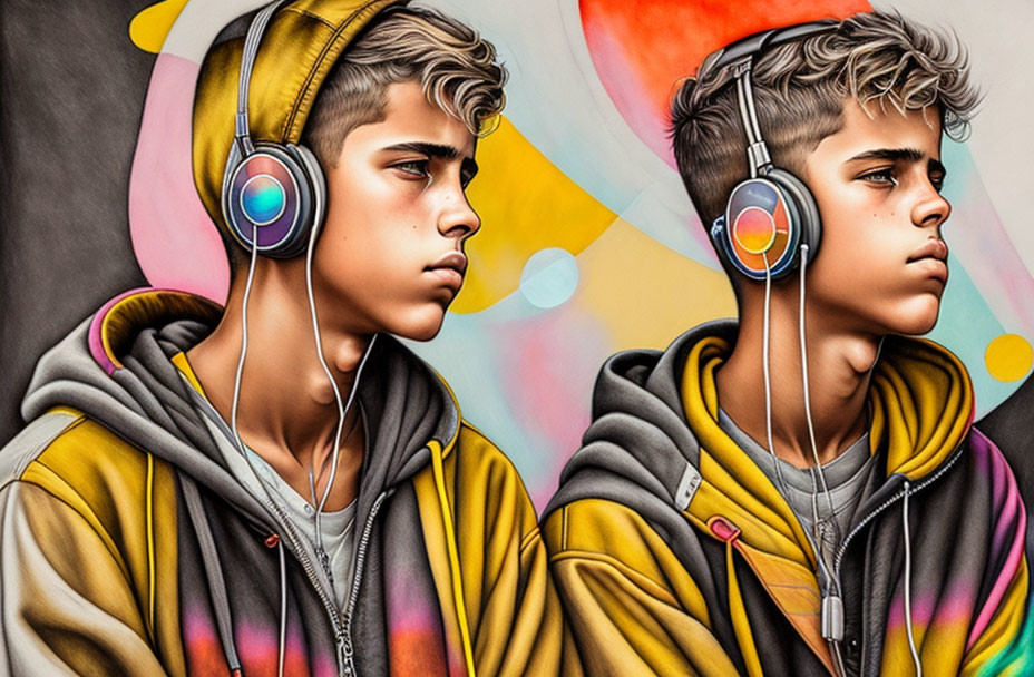 Digital artwork: Young person with styled hair, hoodie, and headphones in profile and front views on colorful