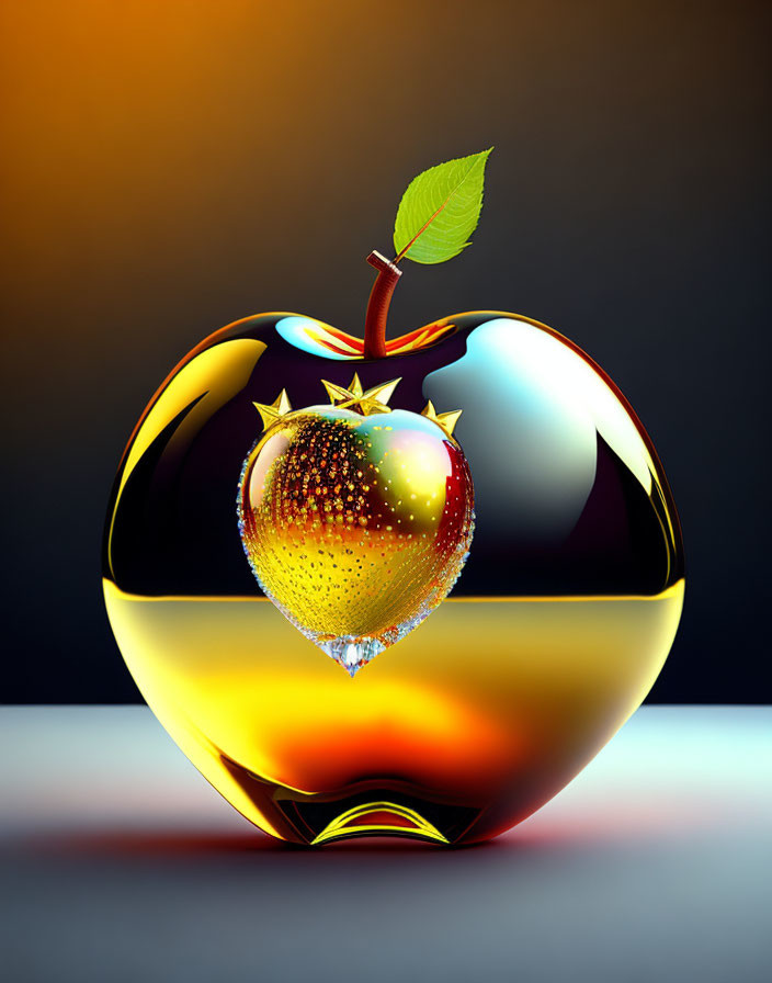 Digitally rendered glossy apple with yellow to red gradient, star patterns, leaf, and droplet effect