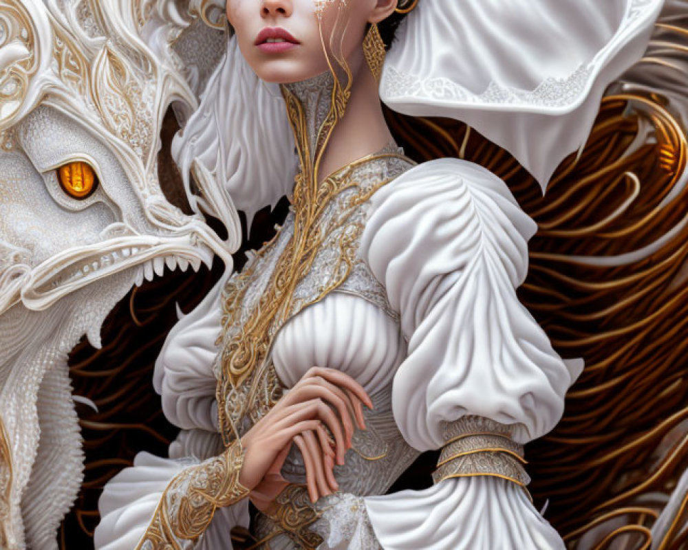 Ethereal woman in white and gold attire with dragon sculpture in regal fantasy setting