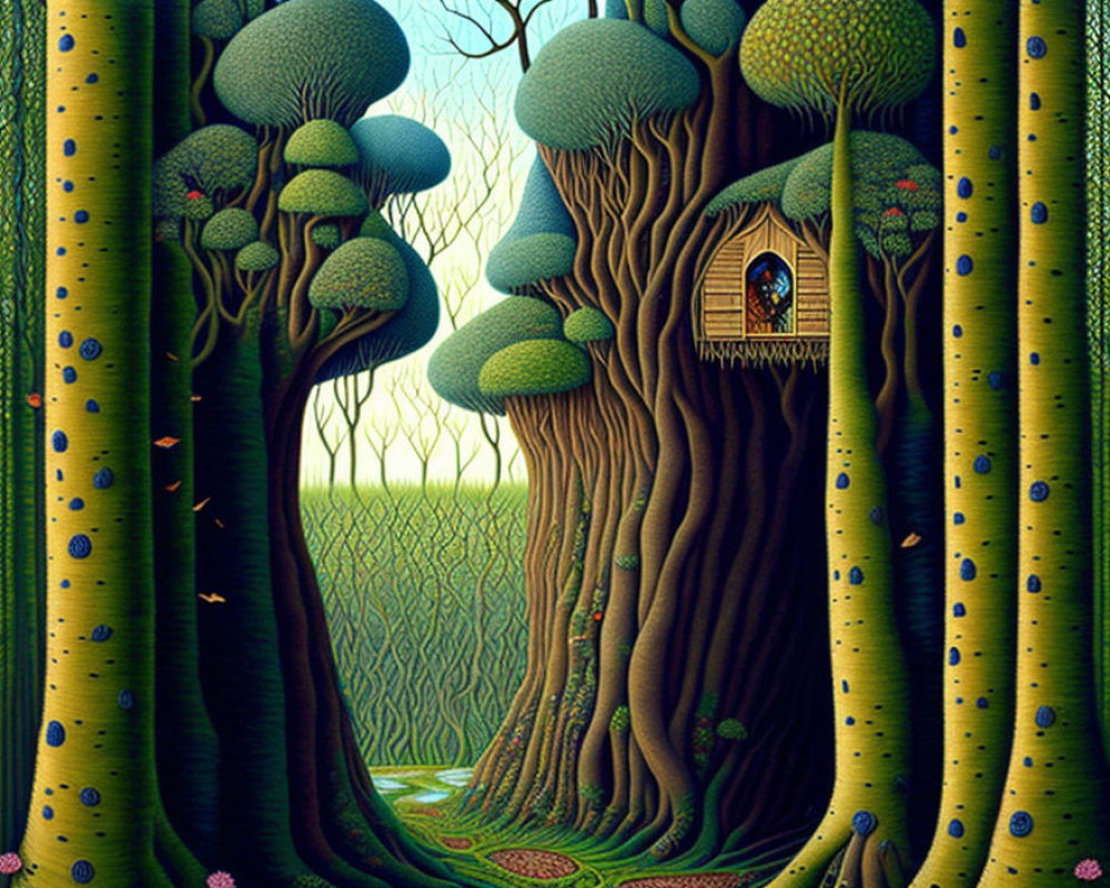 Vibrant green forest with small door in tree trunk