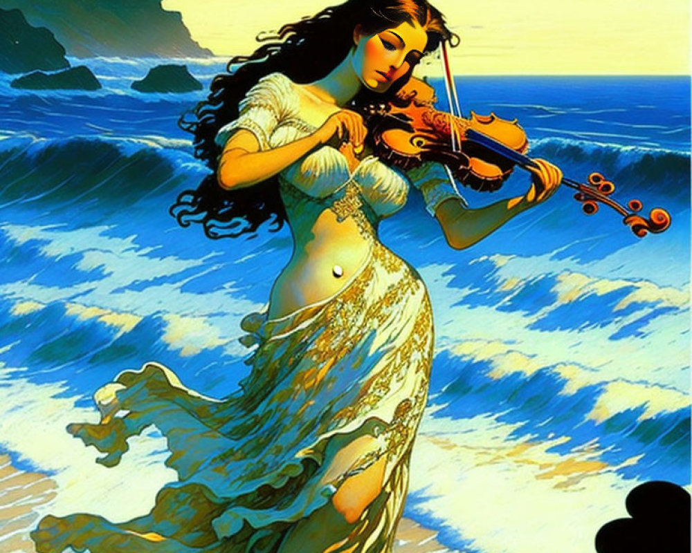 Vibrant seascape painting of woman playing violin by the sea