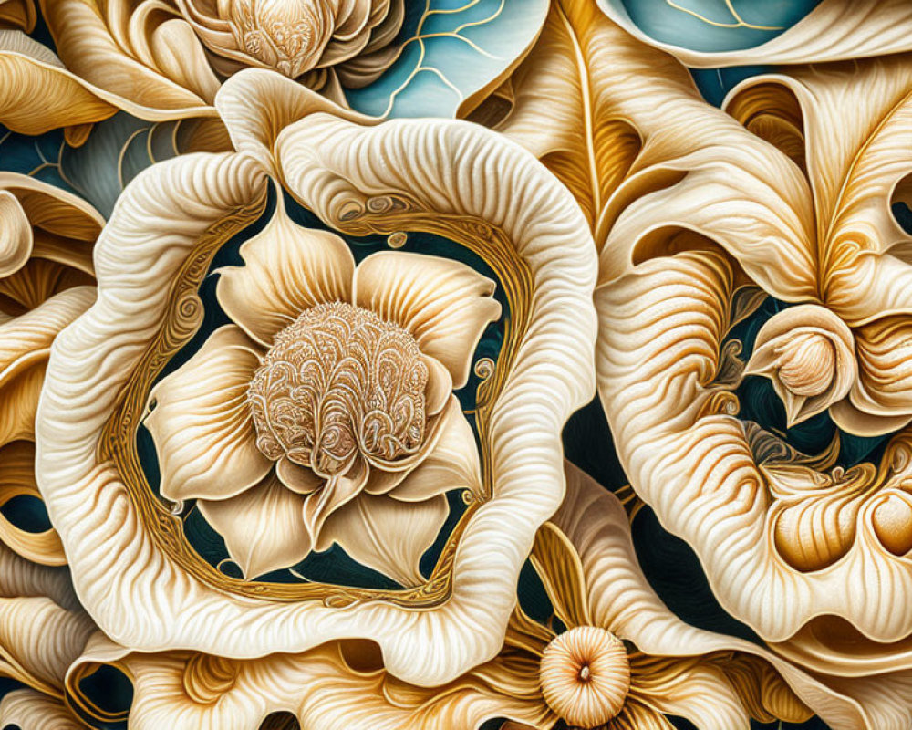 Floral Relief Carving with Swirling Patterns in Gold, Beige, and Cream