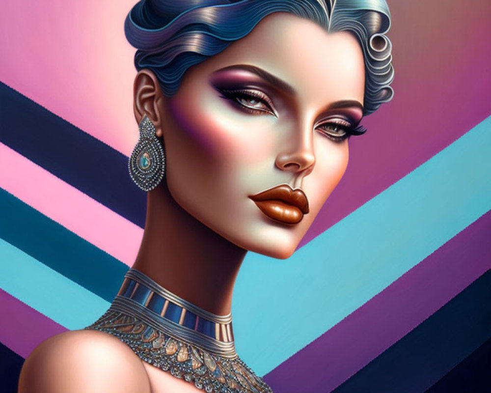 Stylized woman with blue hair and bold makeup on pastel background