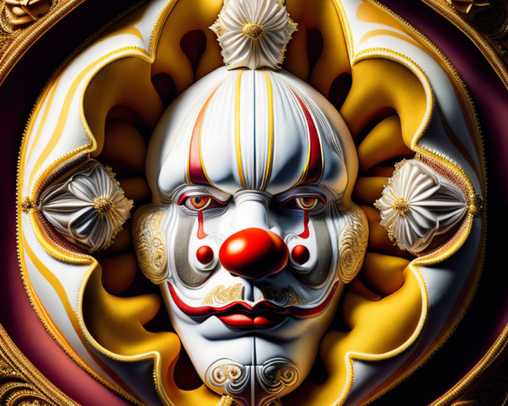 Intricate 3D clown face with red nose and white makeup on dark background