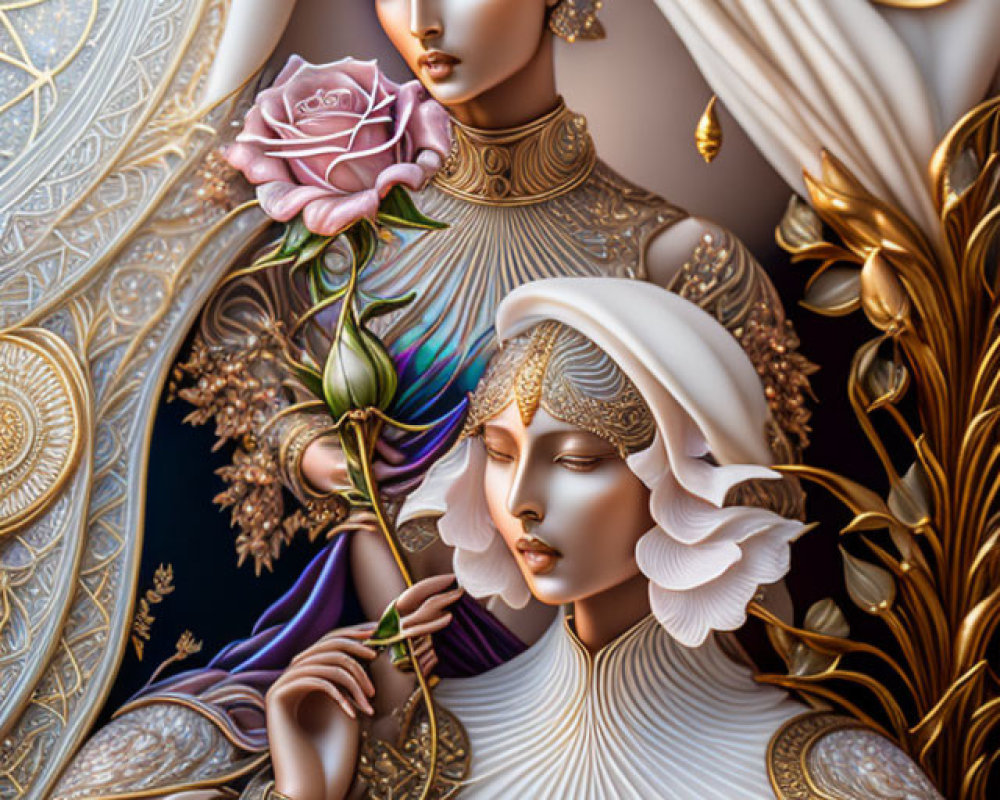 Ornate digital artwork of two women with gold adornments and a rose on intricate backdrop