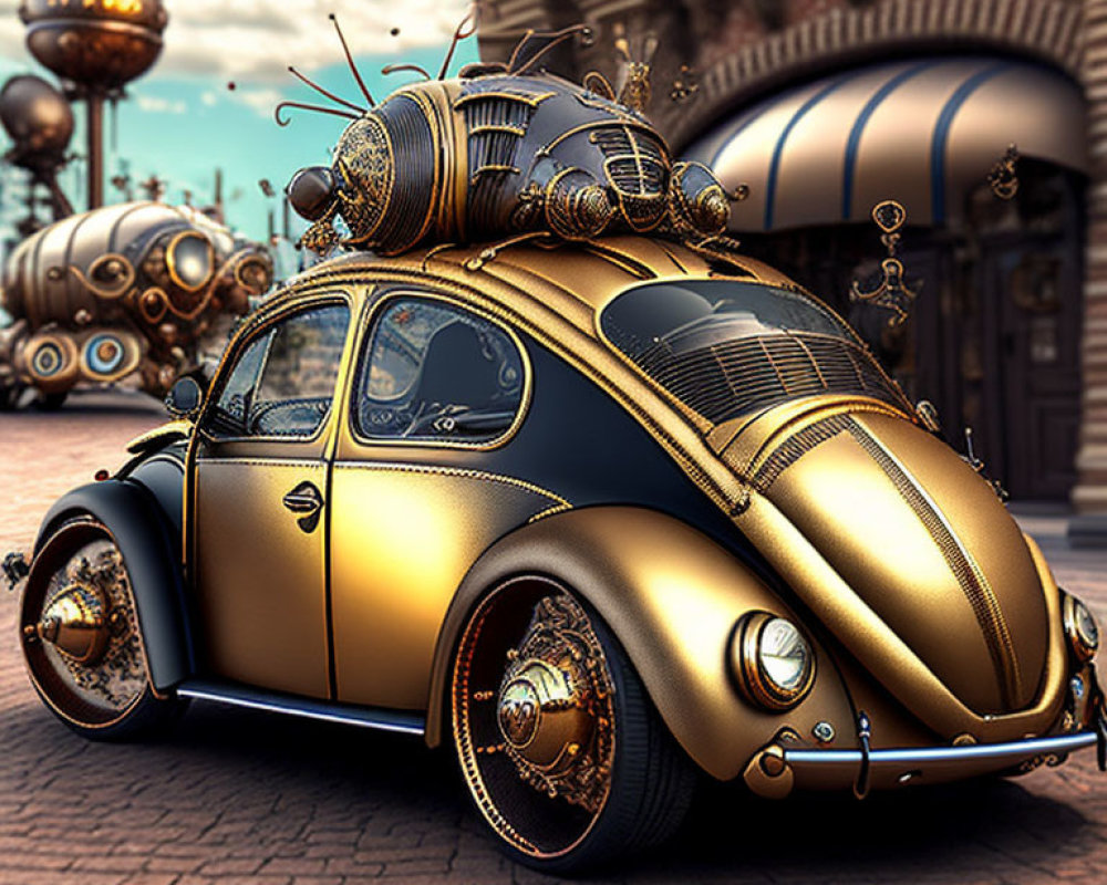 Steampunk-inspired Volkswagen Beetle with bronze and gold tones and mechanical enhancements against futuristic backdrop