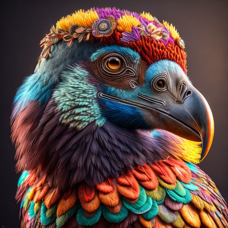 Colorful digital artwork of a bird with intricate patterns and textured plumage