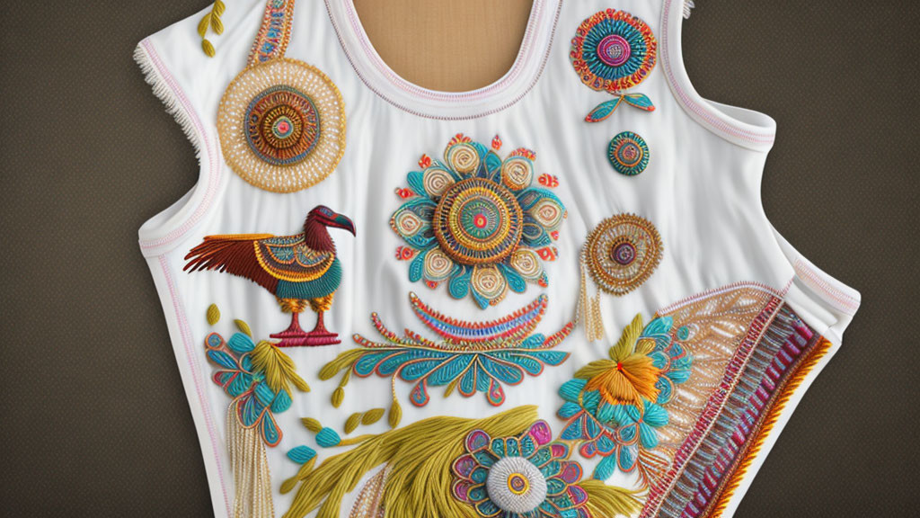 Colorful Embroidered Top with Bird, Flower, and Decorative Patterns