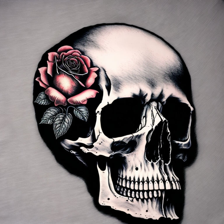 Skull with pink rose overlay on muted background