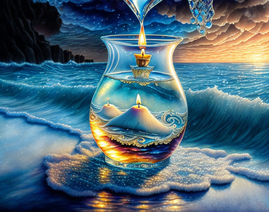 Surreal artwork: Transparent vase, lit candle on sea with reflected mountains and clouds