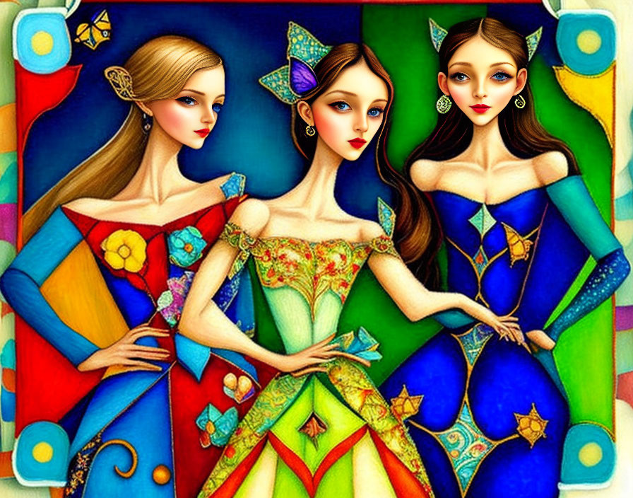 Colorful elfin female figures in ornate dresses with butterfly wings on vibrant background