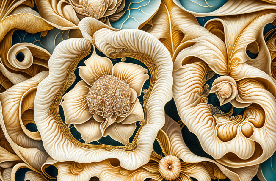 Floral Relief Carving with Swirling Patterns in Gold, Beige, and Cream