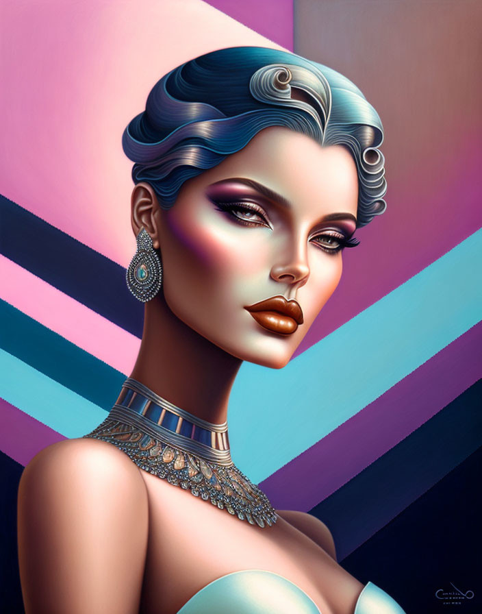 Stylized woman with blue hair and bold makeup on pastel background