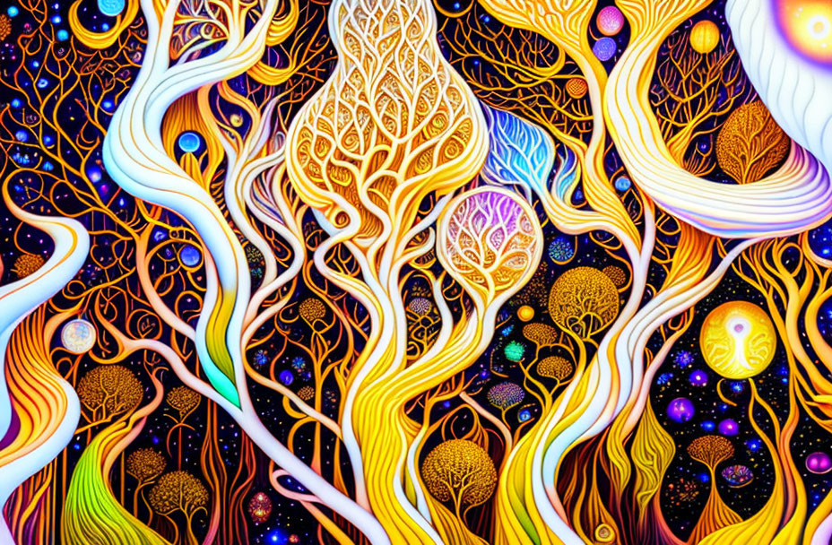 Colorful Psychedelic Artwork with Swirling Tree and Cosmic Patterns