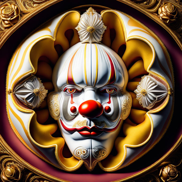 Intricate 3D clown face with red nose and white makeup on dark background