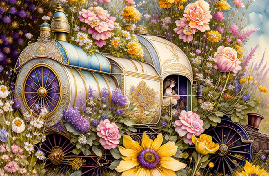 Vintage Train Engine Decorated with Intricate Designs and Colorful Flowers