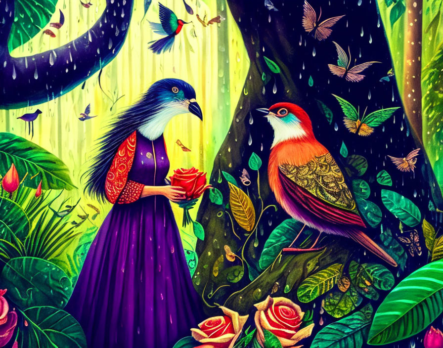 Anthropomorphic birds in vibrant forest with rose, lush foliage, flowers & insects