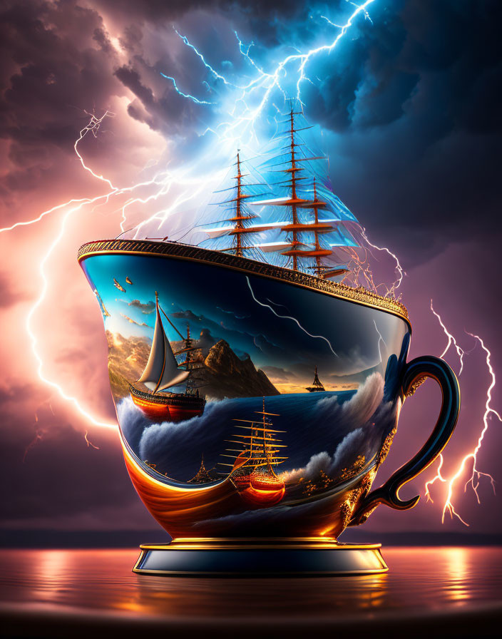 Surreal image of ship in stormy seas inside teacup with lightning