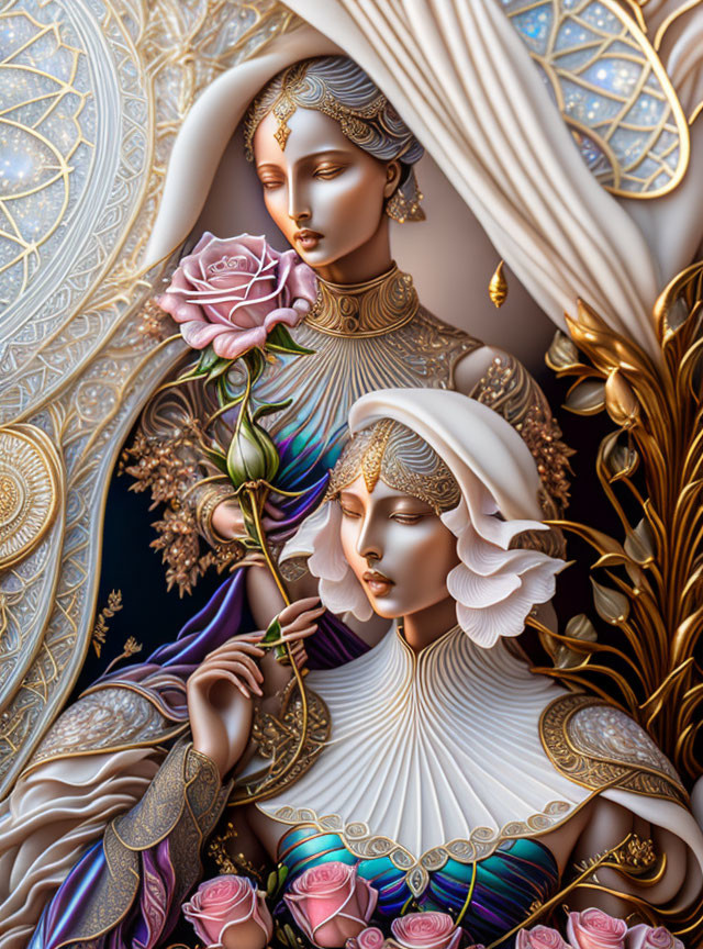 Ornate digital artwork of two women with gold adornments and a rose on intricate backdrop