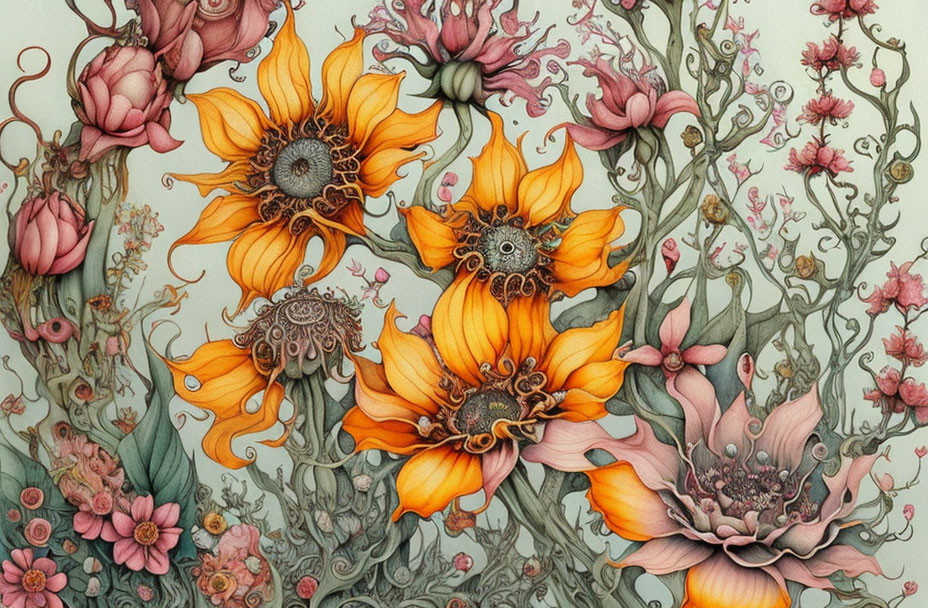 Detailed Vibrant Sunflowers & Whimsical Flora in Warm & Cool Tones