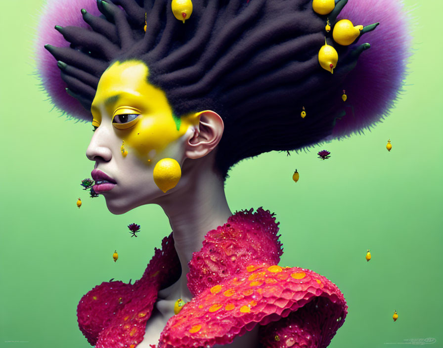 Surreal portrait of person with yellow skin and lemon-adorned afro