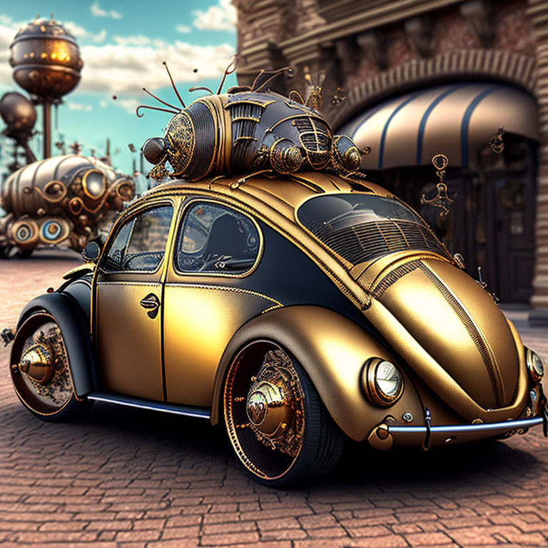 Steampunk-inspired Volkswagen Beetle with bronze and gold tones and mechanical enhancements against futuristic backdrop