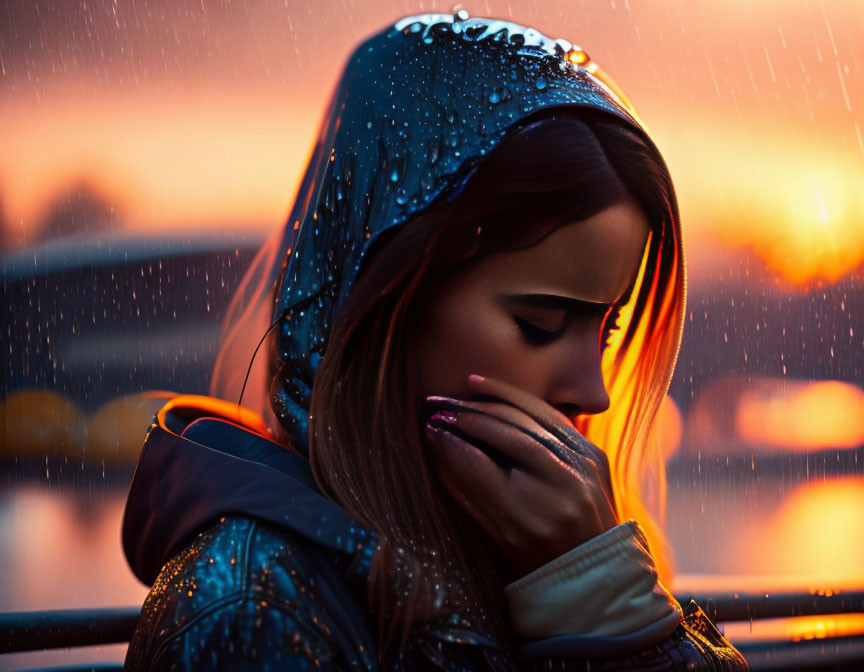 Contemplative woman in hooded jacket standing in rain at dusk