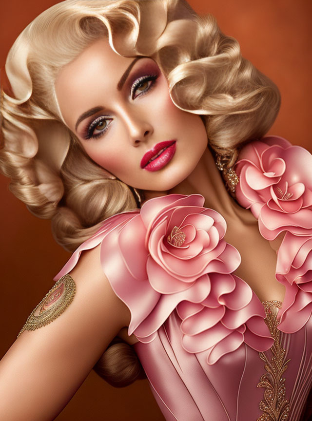 Stylized portrait of woman with vintage makeup and rose embellished dress