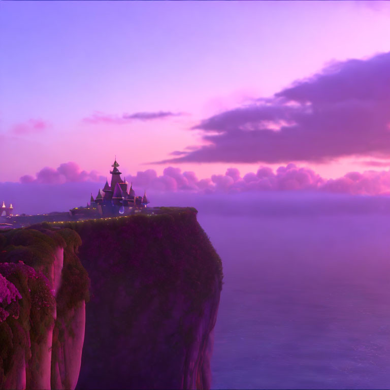 Cliffside fairytale castle above clouds at sunset