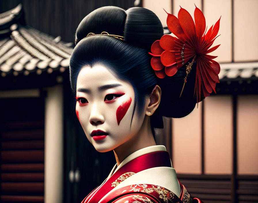 Traditional Geisha Woman in Red and White Kimono on Wooden Background