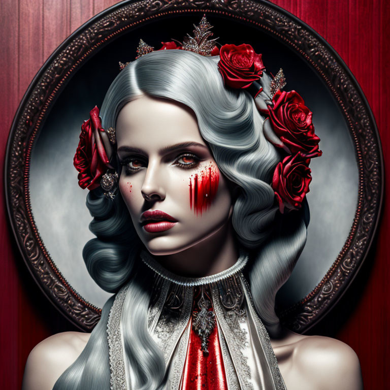 Gothic Style Portrait of Woman with Pale Skin and Red Roses