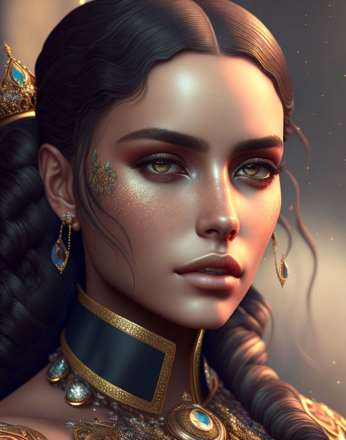 Woman with Dark Hair and Regal Gold Jewelry in Intricate Digital Art