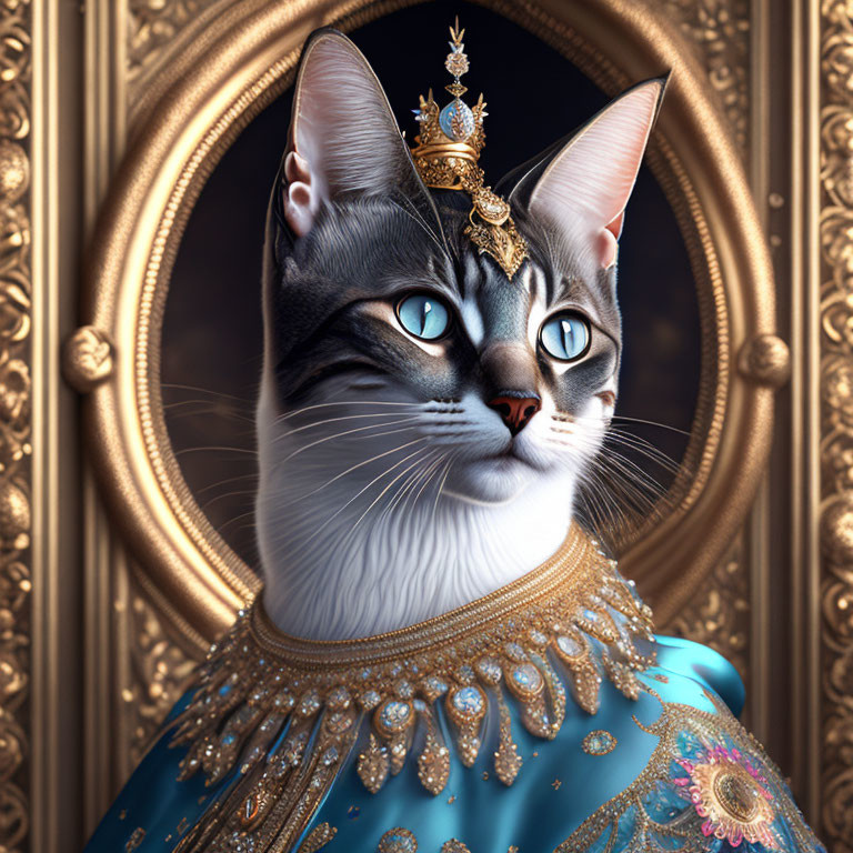 Regal Cat with Blue Eyes and Golden Crown in Majestic Pose