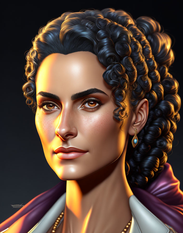 Detailed digital portrait of a woman with curly hair and brown eyes against dark background