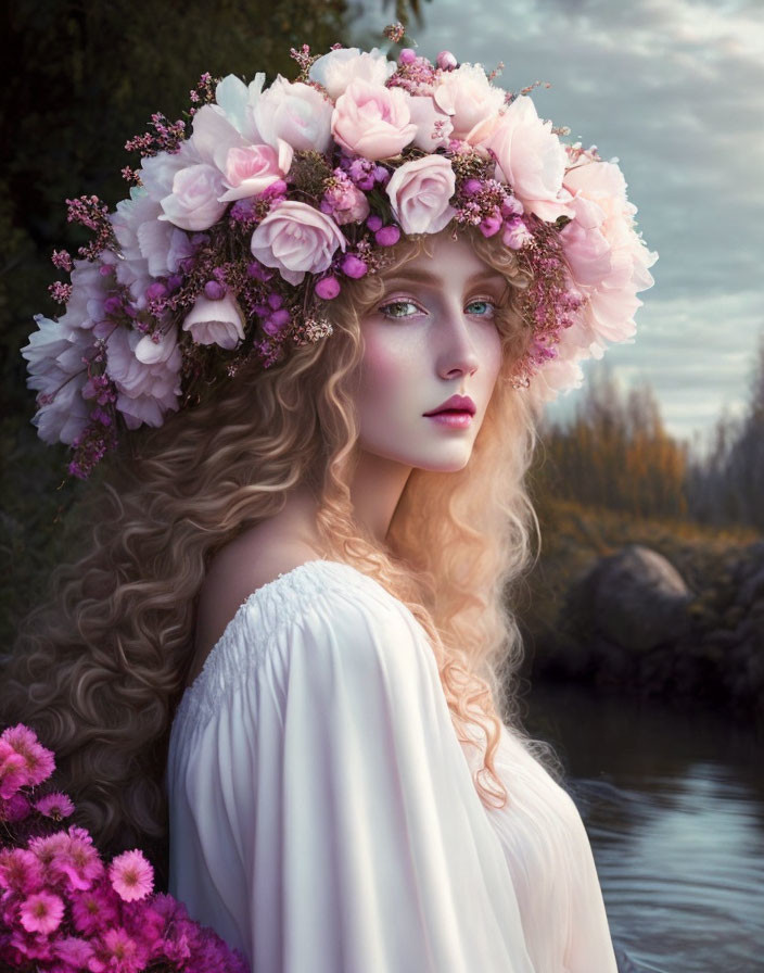 Blond Woman in Floral Crown by Water Body