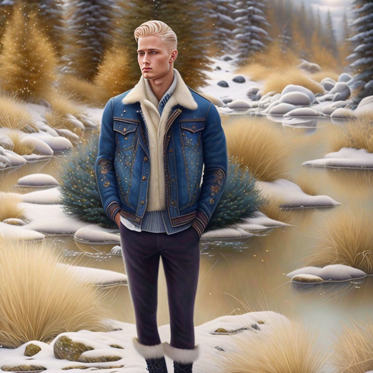 Blond man in denim shearling jacket in serene winter scene