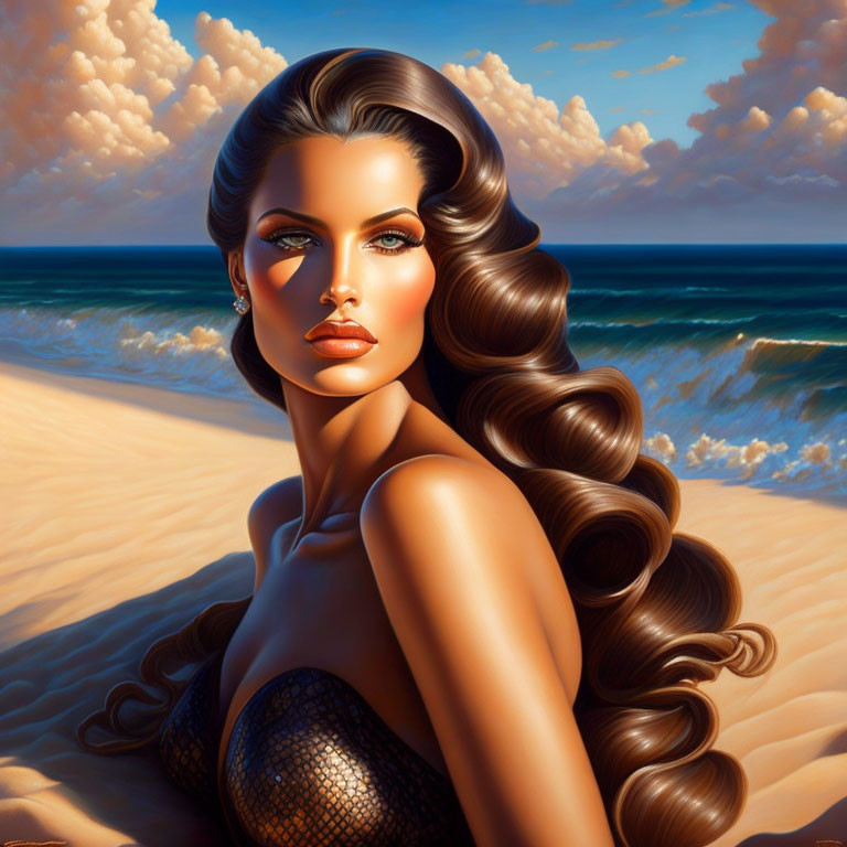 Illustrated woman with voluminous hair on beach with clouds and waves