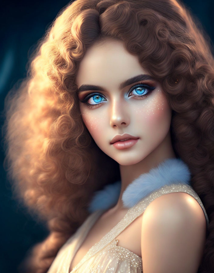 Portrait of woman with curly hair, blue eyes, fair skin, and white fur-trimmed outfit